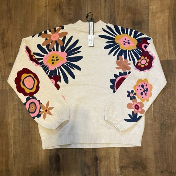 Charlie B Floral Print Crewneck Sweater Beige Multicolor M Medium NWT - Picture 5 of 7